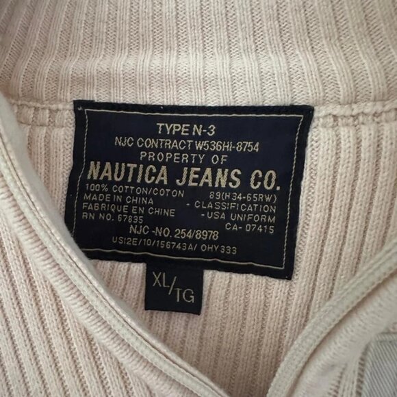 Nautica Jeans Co. Men's XL 1/4 Zip Sweater Beige Gray Ribbed Knit Elbow Patches - Picture 3 of 4